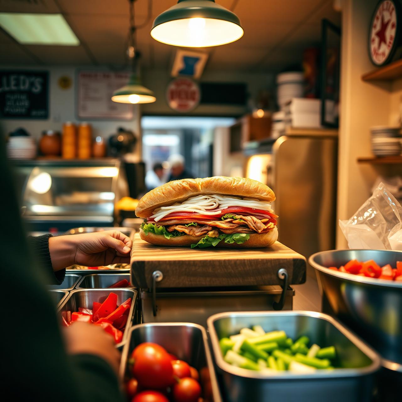 Hands assembling a fresh submarine sandwich behind the counter at Abe's